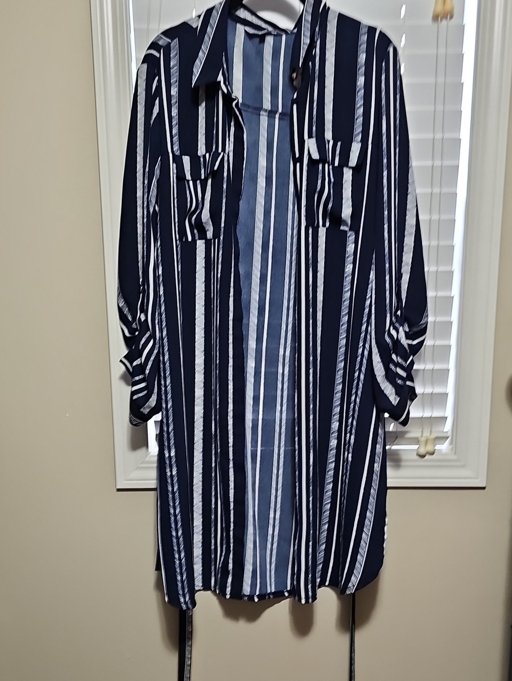 Navy and White Striped Longline Blazer Jacket